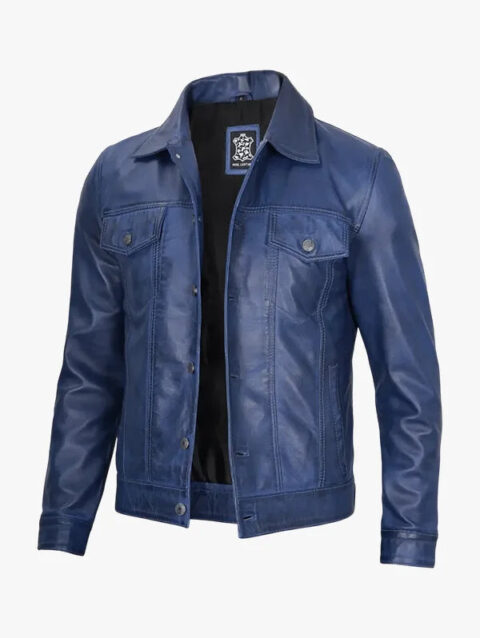 Mens Real Lambskin Leather Blue Waxed Trucker Jacket