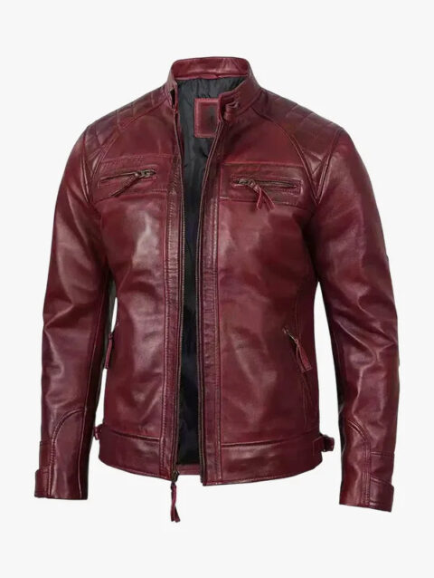 Mens Real Leather Burgundy Biker Jacket