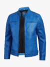 Mens Real Leather Distressed Blue Cafe Racer Jacket