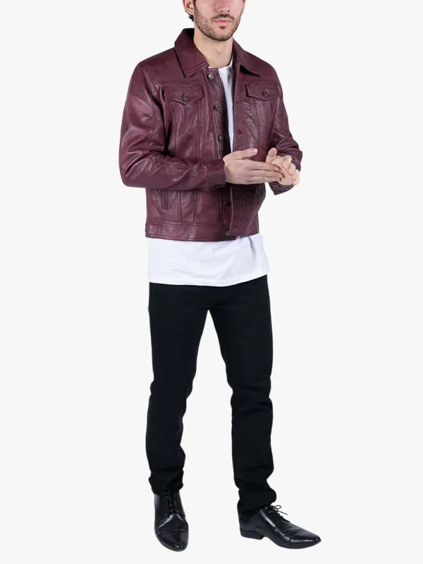 Mens Real Leather Shirt Jacket Burgundy Wine Retro Jeans Style Brando Classic