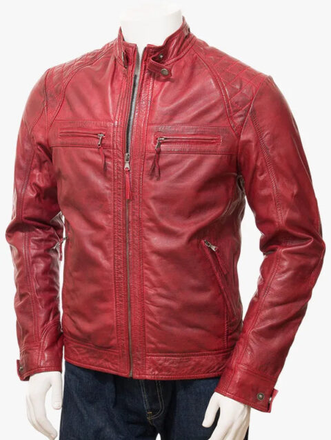 Mens Red Leather Biker Jacket Front