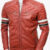 Mens Red Leather Striped Biker Jacket Front
