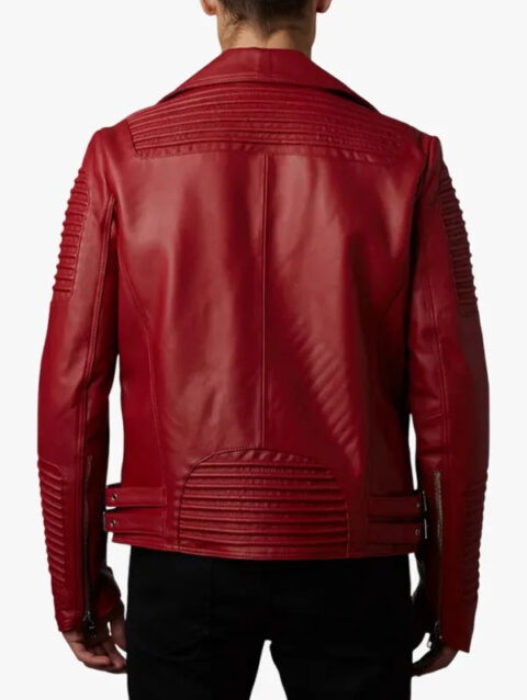 Mens Rich Red Slim Fit Motorcycle Biker Leather Jacket Back
