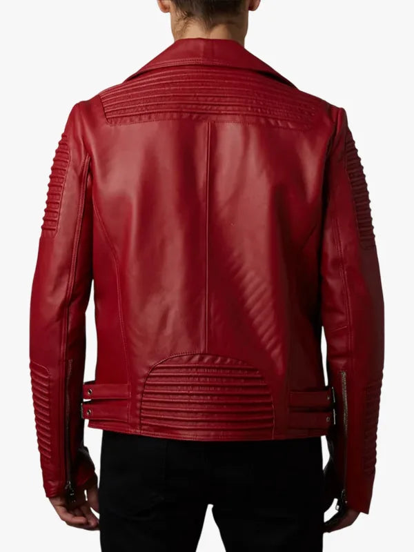 Mens Rich Red Slim Fit Motorcycle Biker Leather Jacket Back