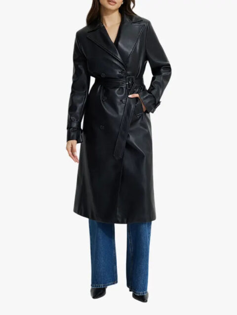 Military Faux Leather Trench Black Coat