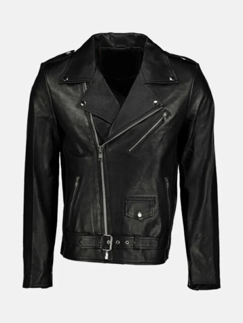 Morris Asymmetrical Collar Black Leather Moto Jacket Front