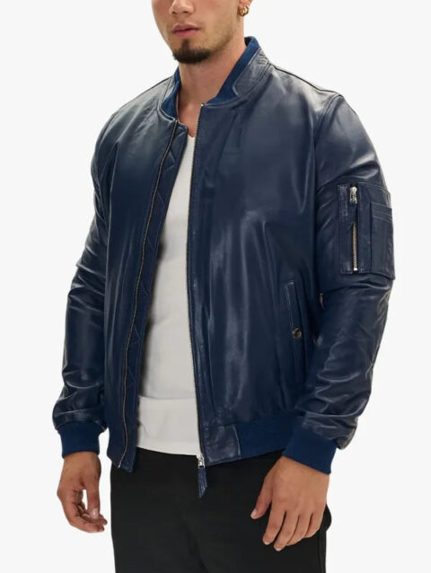 Navy Blue Bomber Genuine Leather Jacket
