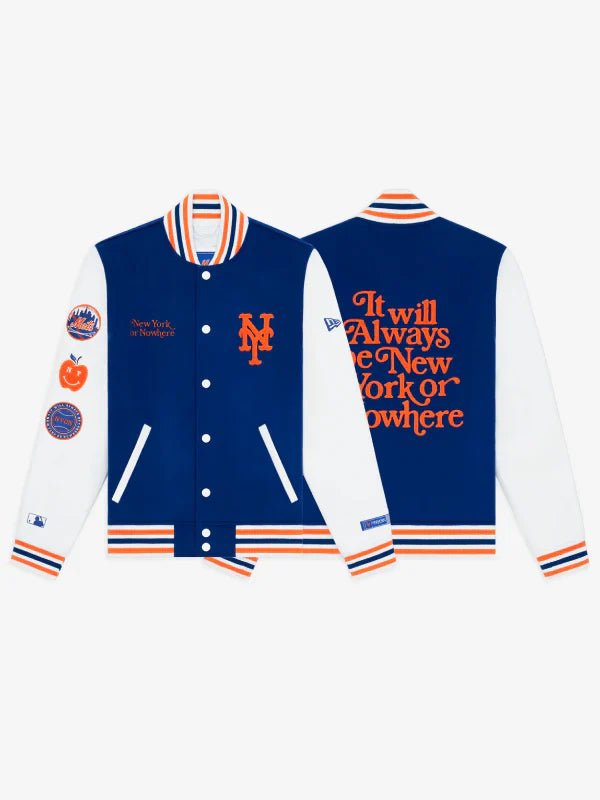 New York or Nowhere Nyon x Mets Motto Varsity Jacket Blue and White