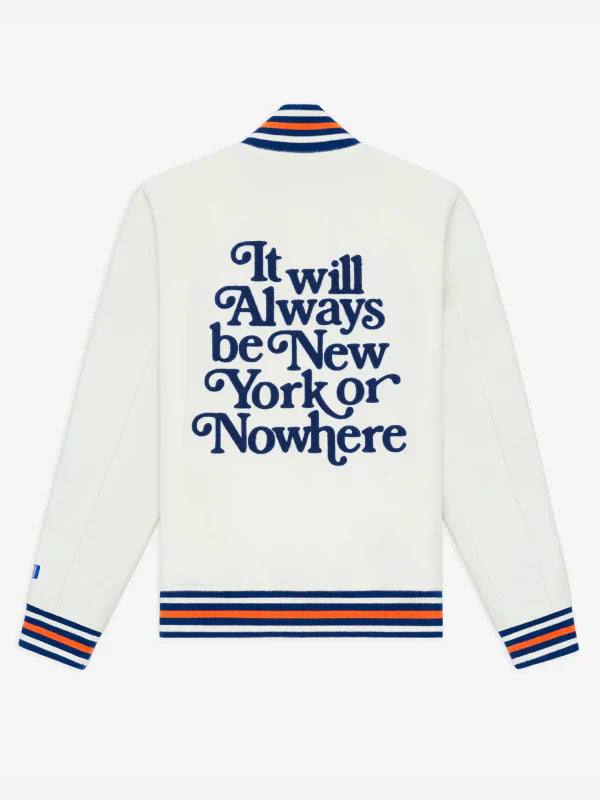 Nyon New York or Nowhere Mets Motto Cream Varsity Jacket