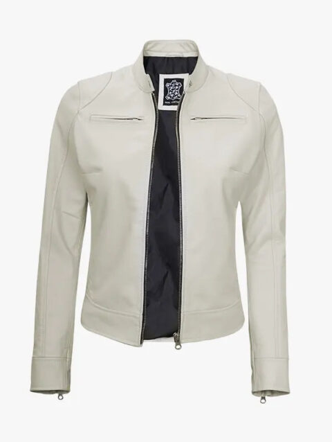 Off White Café Racer Leather Jacket for Women