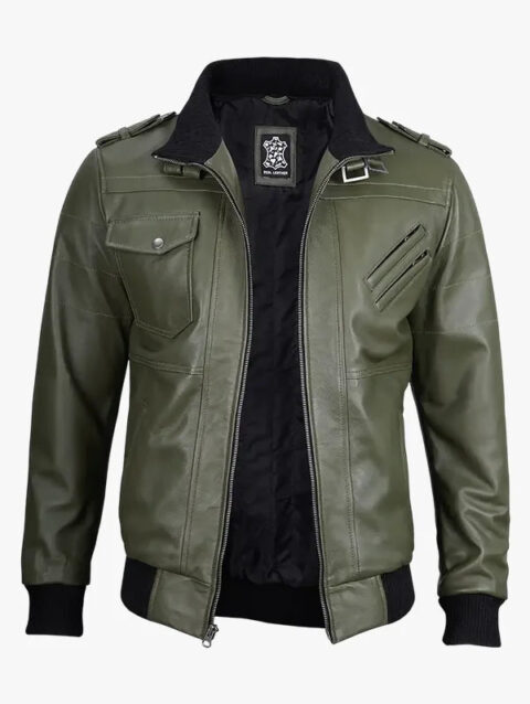 Olive Green Bomber Leather Jacket Men