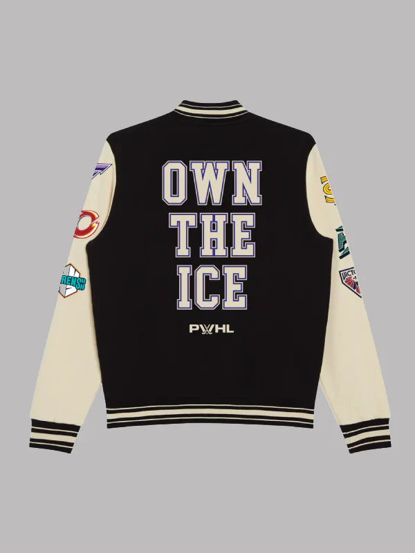 PWHL Peace Collective Own the Ice Letterman Varsity Jacket Black and White