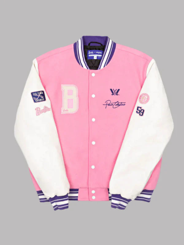 PWHL x Barbie x Peace Collective Letterman Jacket Pink and White