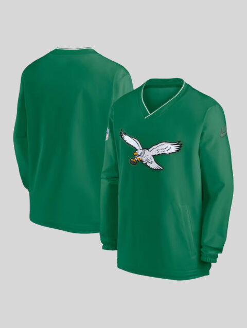 Philadelphia Eagles Kelly Green Sideline Throw back Logo Long-Sleeve V-Neck Windshirt