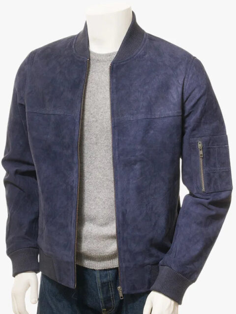 SIDFORD Men's Blue Suede Bomber Jacket