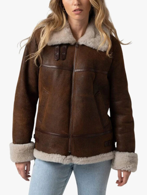Saint and Sofia Amelia Aviator Brown Leather Jacket