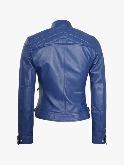Saoirse Ladies Jacket Blue Cafe Racer Leather With Snap-Tab Collar
