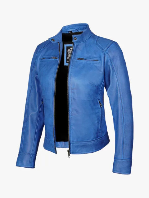 Sky Blue Waxed Leather Moto Jacket Women