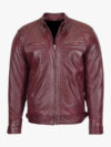 Stand Collar Real Lambskin Burgundy Leather Biker Jacket For Men's