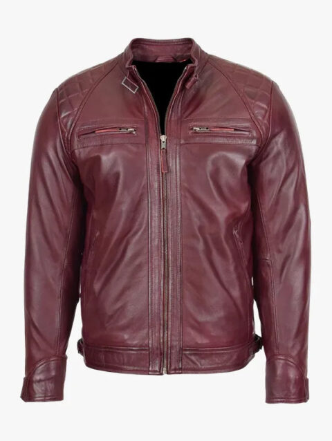 Stand Collar Real Lambskin Burgundy Leather Biker Jacket For Men's