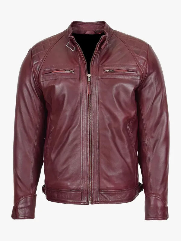 Stand Collar Real Lambskin Burgundy Leather Biker Jacket For Men's
