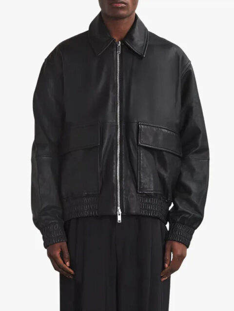 Studio Nicholson Black Leather Piston Bomber Jacket