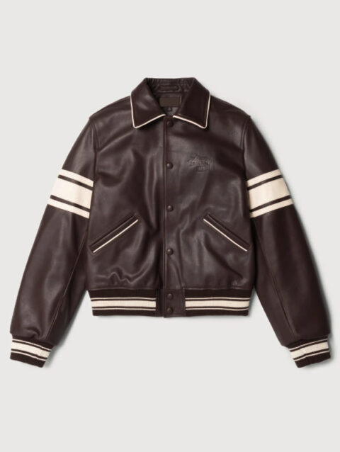 Stussy Wales Bonner Leather Varsity Jacket Brown