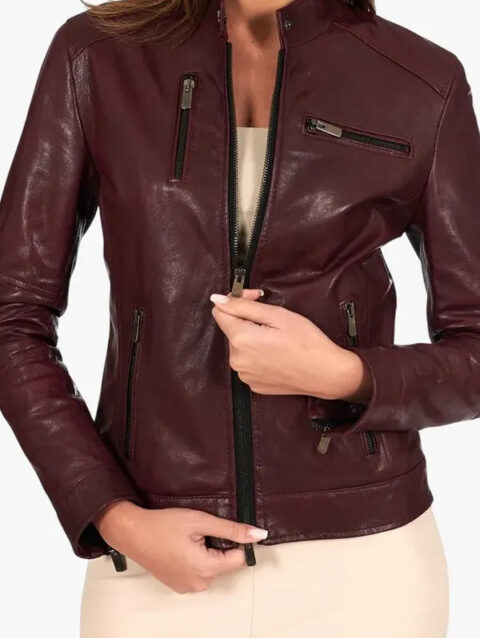Women Giulia Bordeaux Vegetable Leather Biker Jacket