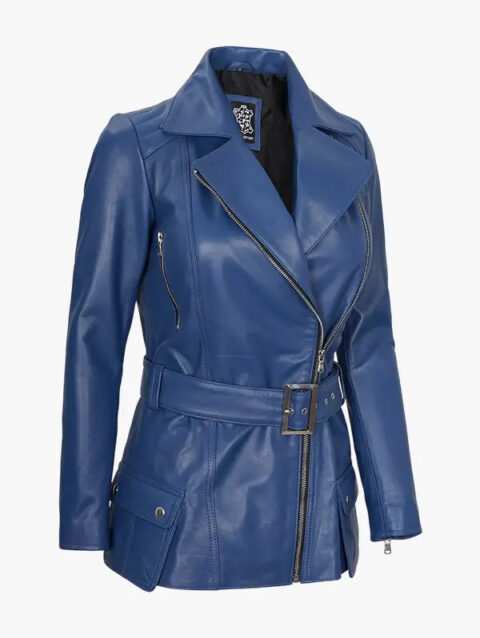 Women’s Asymmetrical Blue Belted Moto Leather Jacket With Shirt Style Collar