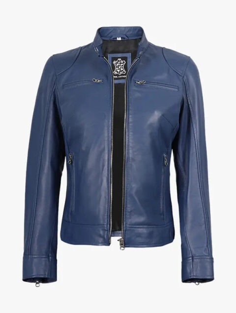 Women's Blue Biker Style Leather Jacket