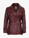 Women's Burgundy Asymmetrical Leather Biker Jacket