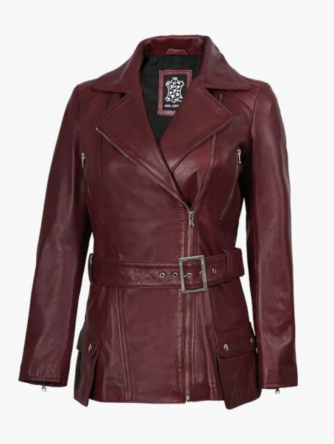 Women's Burgundy Asymmetrical Real Leather Biker Jacket