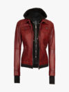 Women's Burgundy Hooded Leather Jacket