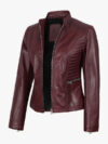 Women's Burgundy Leather Cafe Racer Jacket
