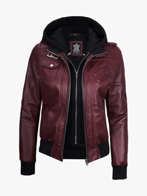 Women's Burgundy Leather Jacket With Hooded