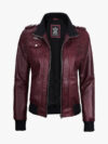 Women's Burgundy Leather Jacket with Removable Hood