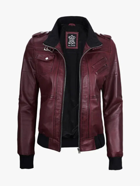 Women's Burgundy Leather Jacket with Removable Hood