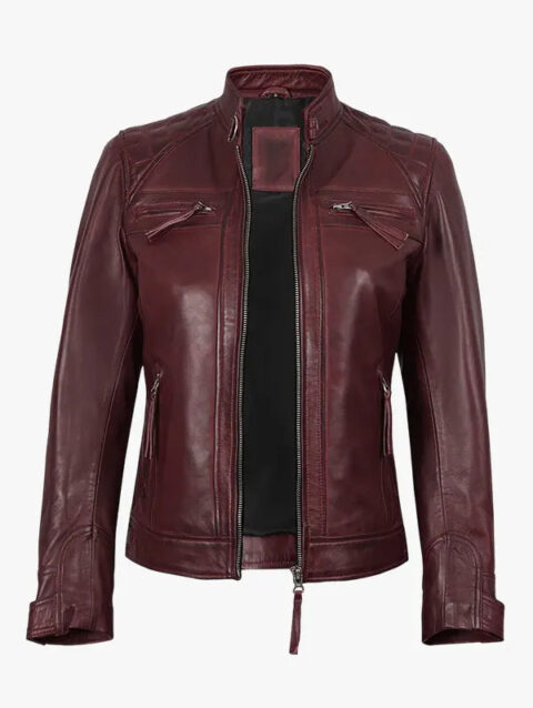 Women's Burgundy Real Lambskin Leather Biker Style Jacket