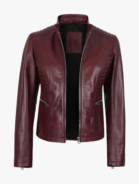 Women's Maroon Leather Cafe Racer Jacket