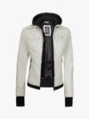 Women’s Off White Leather Removable Hood Jacket