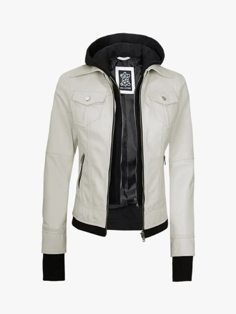 Women’s Off White Leather Removable Hood Jacket