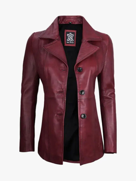 Women's Real Leather Burgundy Blazer