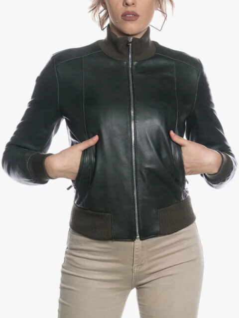Womens Bomber Dark Green Moto Jacket