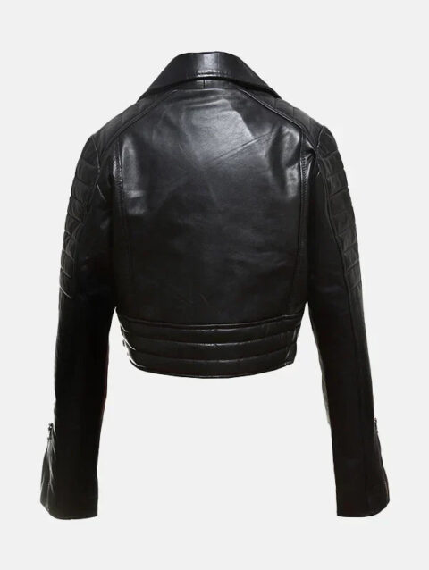Womens Cropped Black Leather Jacket Back