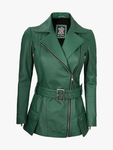 Womens Green Belted Biker Jacket