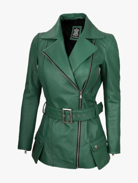 Womens Green Belted Biker Zipper Jacket