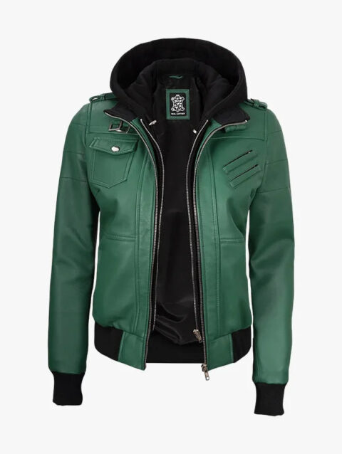 Womens Green Bomber Hood Jacket