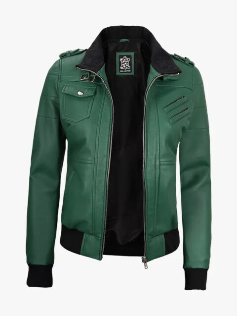Womens Green Bomber Zip-Up Hooded Jacket