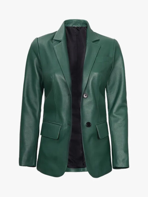 Womens Two Button Asymmetrical Green Blazer With Shirt Style Collar