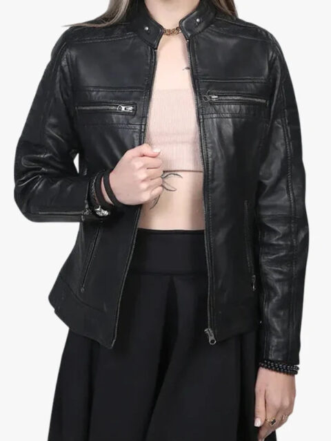 Womens Black Cafe Racer Leather Jacket Front